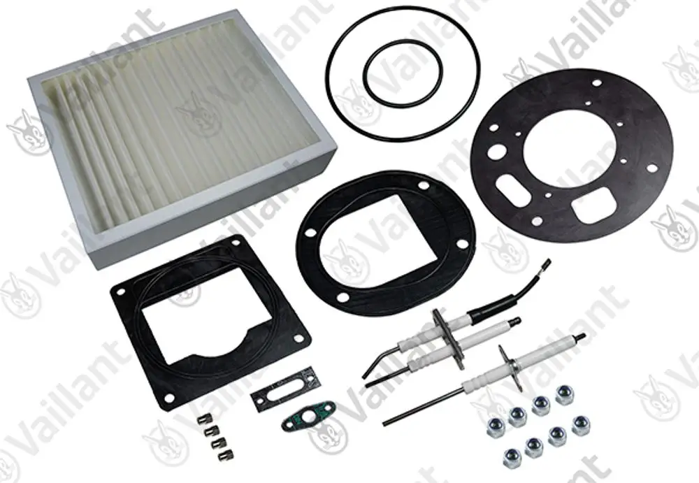 Vaillant Wartungsset mit einer Filtereinheit, Gummidichtungen, einer Spannvorrichtung, Sensoren und weiteren Komponenten für die Gerätereparatur oder -wartung.